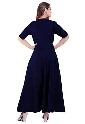 Solid Color Satin Layered Kurta in Navy Blue