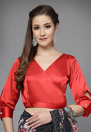 Solid Color Satin Overlapping Blouse in Red