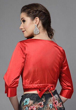 Solid Color Satin Overlapping Blouse in Red