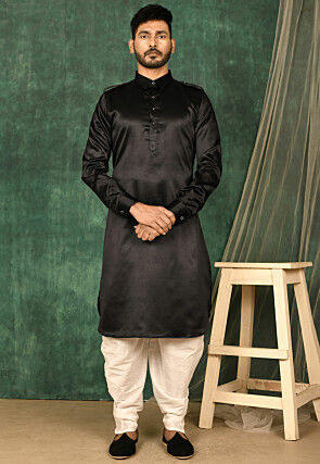 Solid Color Satin Pathani Suit in Black