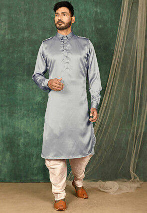 Solid Color Satin Pathani Suit in Grey