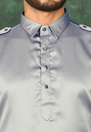 Solid Color Satin Pathani Suit in Grey