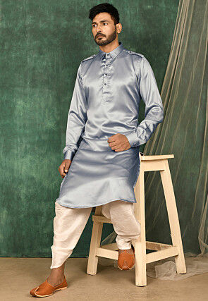 Solid Color Satin Pathani Suit in Grey