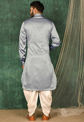 Solid Color Satin Pathani Suit in Grey