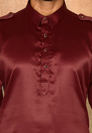 Solid Color Satin Pathani Suit in Maroon