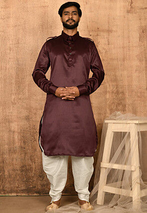Solid Color Satin Pathani Suit in Maroon