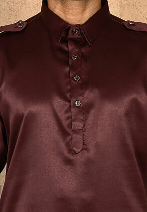 Solid Color Satin Pathani Suit in Maroon
