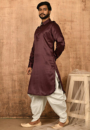 Solid Color Satin Pathani Suit in Maroon