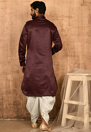 Solid Color Satin Pathani Suit in Maroon