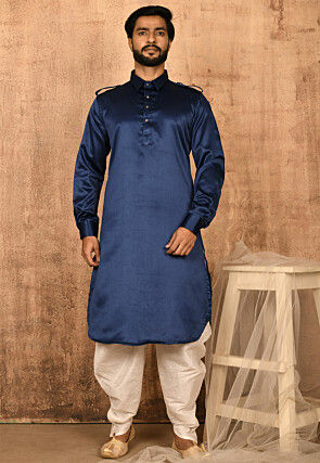 Solid Color Satin Pathani Suit in Navy Blue