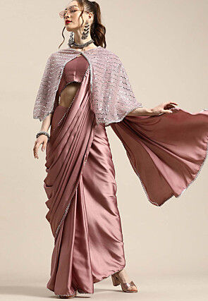 Solid Color Satin Saree in Old Rose