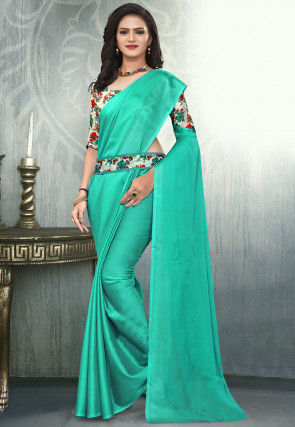 Solid Color Satin Saree in Turquoise