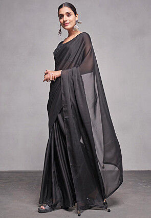 Solid Color Satin Silk Saree in Black