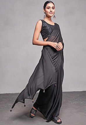 Solid Color Satin Silk Saree in Black