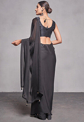 Solid Color Satin Silk Saree in Black