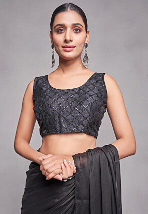 Solid Color Satin Silk Saree in Black