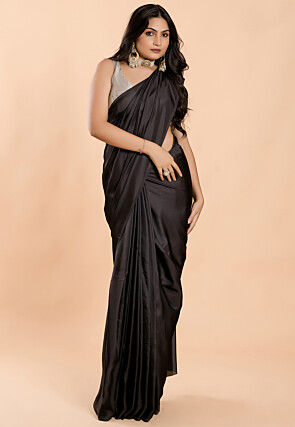 Solid Color Satin Silk Saree in Black
