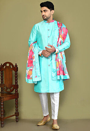Solid Color Satin Silk Sherwani in Turquoise