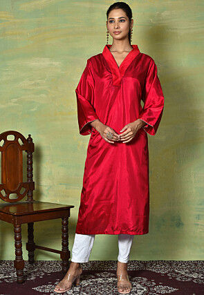 Solid Color Satin Straight Kurta in Red