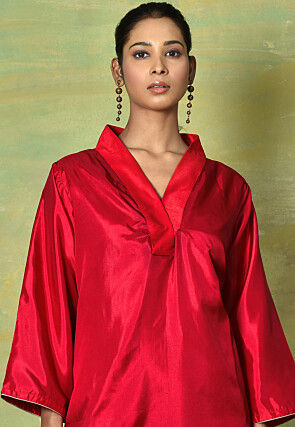 Solid Color Satin Straight Kurta in Red
