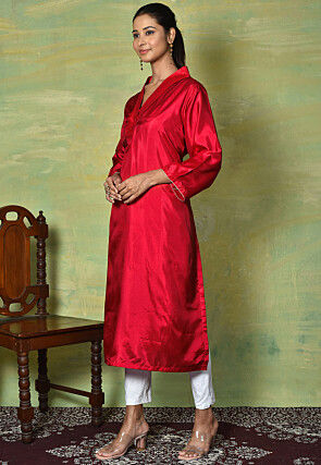 Solid Color Satin Straight Kurta in Red