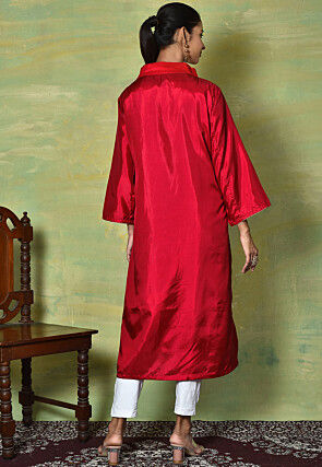 Solid Color Satin Straight Kurta in Red