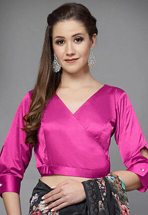 Solid Color Satin Wrap Over Blouse in Pink