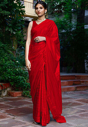 Solid Color Shimmer Lycra Nylon Saree in Red