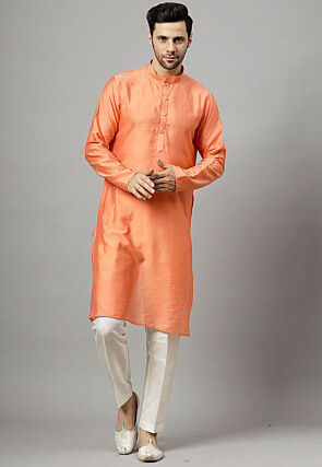 Solid Color Silk Kurta Set in Peach