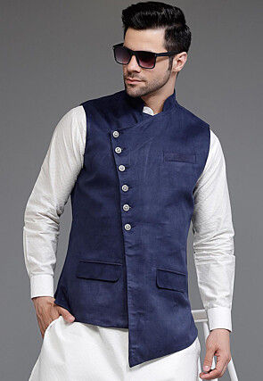 Solid Color Suede Asymmetric Nehru Jacket in Navy Blue
