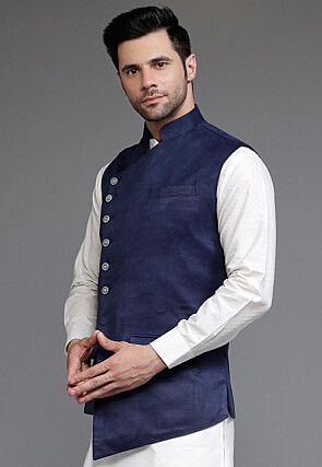 Solid Color Suede Asymmetric Nehru Jacket in Navy Blue