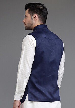 Solid Color Suede Asymmetric Nehru Jacket in Navy Blue