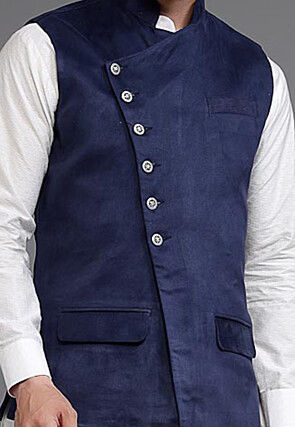 Solid Color Suede Asymmetric Nehru Jacket in Navy Blue