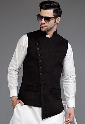 Solid Color Suede Nehru Jacket in Black