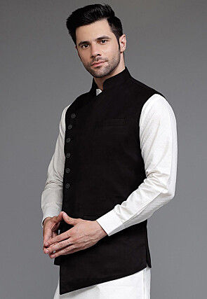 Solid Color Suede Nehru Jacket in Black