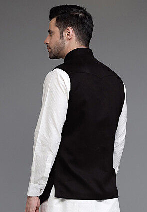 Solid Color Suede Nehru Jacket in Black