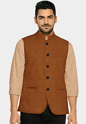 Solid Color Suede Nehru Jacket in Brown