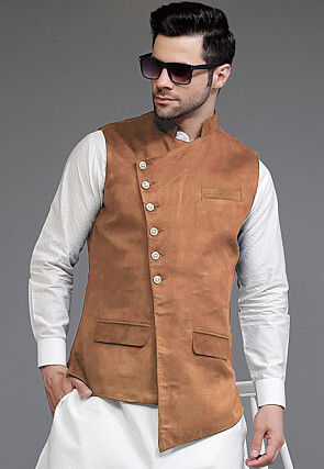 Solid Color Suede Nehru Jacket in Brown