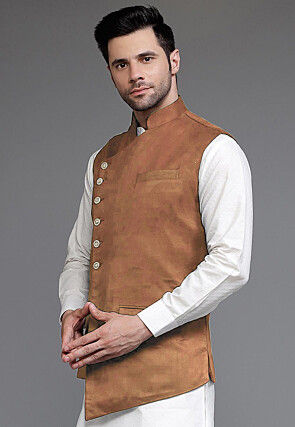 Solid Color Suede Nehru Jacket in Brown
