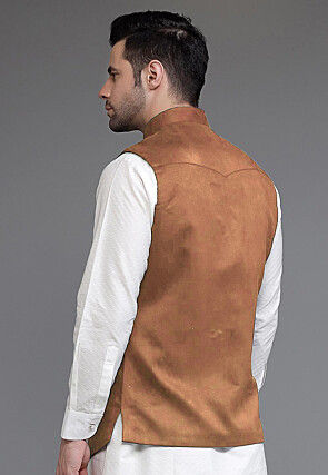 Solid Color Suede Nehru Jacket in Brown