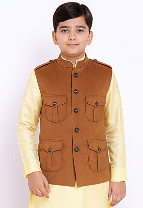 Solid Color Suede Nehru Jacket in Light Brown