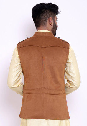 Solid Color Suede Pathani Jacket in Brown