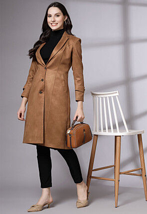 Solid Color Suede Trench Coat in Brown