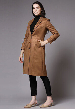 Solid Color Suede Trench Coat in Brown