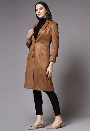 Solid Color Suede Trench Coat in Brown