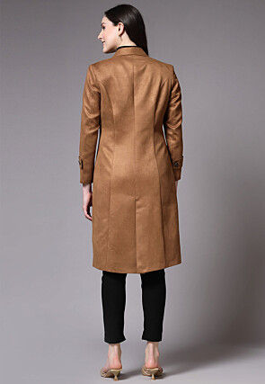 Solid Color Suede Trench Coat in Brown
