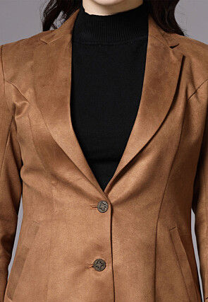 Solid Color Suede Trench Coat in Brown