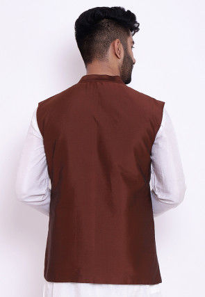 Solid Color Taffeta Silk Asymmetric Nehru Jacket in Brown