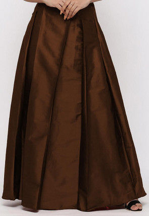 Solid Color Taffeta Silk Box Pleated Skirt in Dark Brown