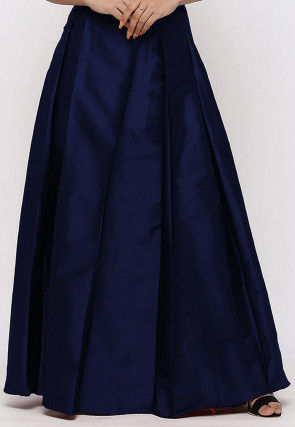 Solid Color Taffeta Silk Box Pleated Skirt in Navy Blue
